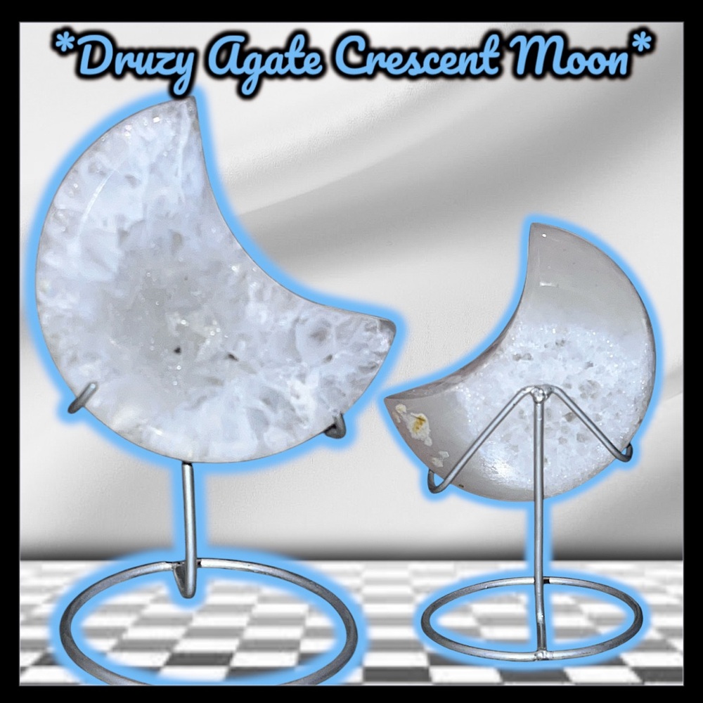 Natural Crystal Druzy Agate Crescent Moon w/Stand